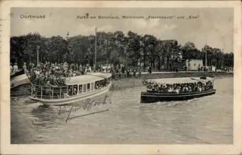 Ak Dortmund im Ruhrgebiet, Bootshaus, Motorboote Fredenbaum und Else