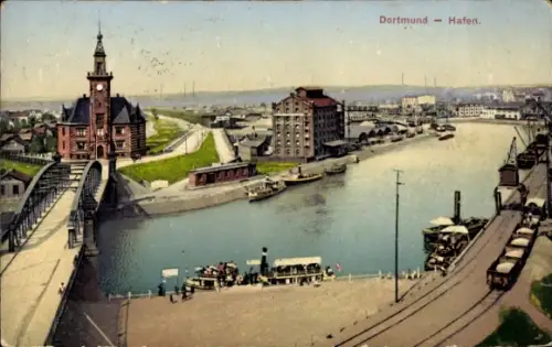 Ak Hörde Dortmund im Ruhrgebiet Westfalen, Dortmund - Hafen, Brücke, Kai mit Anlegestelle, Speich