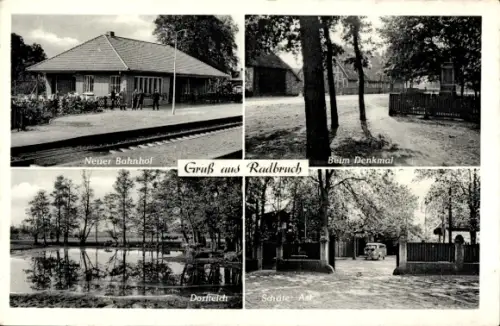 Ak Radbruch in Niedersachsen, Neuer Bahnhof, Beim Denkmal, Dorfteich, Schäte Ast