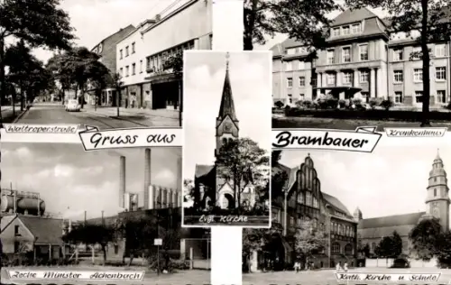 Ak Brambauer Lünen in Westfalen,  Waltroperstr., Krankenhaus, Zeche Münster, Ev. Kirche, Kath. Ki