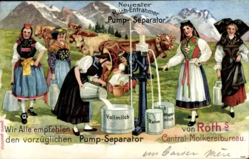 Litho Neuester Milch-Entrahmer Pump-Separator, Roth's Central Molkereibureau, Reklame, Trachten