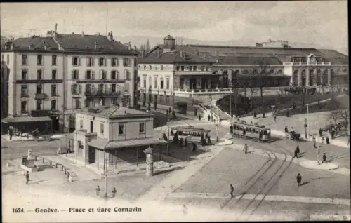 Ak Genf, vue générale de la Place et la Gare Cornavin, Straßenbahn