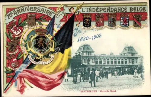 Wappen Ak Bruxelles Brüssel, Gare du Nord, 75e Anniversaire de l'Independance Belge