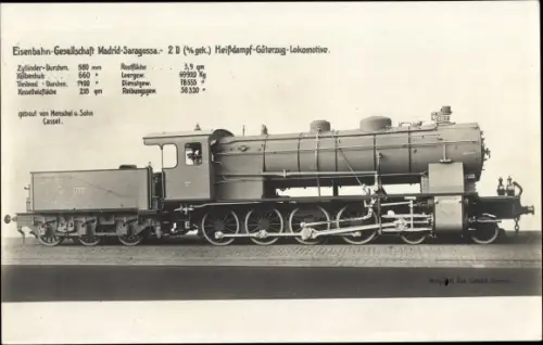 Ak Spanische Eisenbahn Gesellschaft Madrid Saragossa, Heißdampf Güterzug Lokomotive