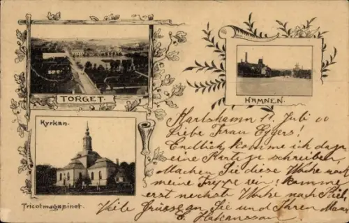 Ak Karlshamn Schweden, Platz, Hafen, Kirche, Tricotmagasinet