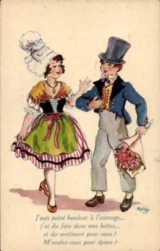 Künstler Ak Junge mit Blumenstrauß, Mädchen in Tracht