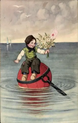 Künstler Ak  Junge mit Blumenstrauß, Brief, Boje