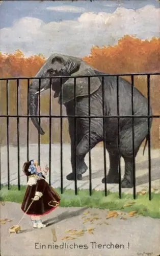 Künstler Ak Frank, Elly, Ein niedliches Tierchen, Mädchen beobachtet Elefant im Zoo
