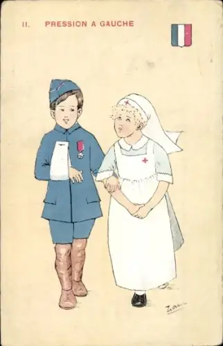 Künstler Ak verwundeter französischer Soldat und Krankenschwester gehen Arm in Arm.