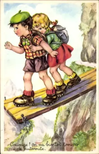 Ak Kinder beim Wandern, Berge, Brücke
