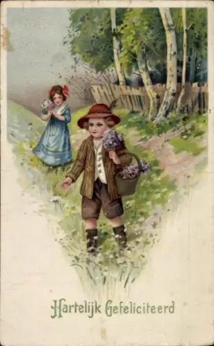 Ak Glückwunsch, Kinder, Blumen, Bäume