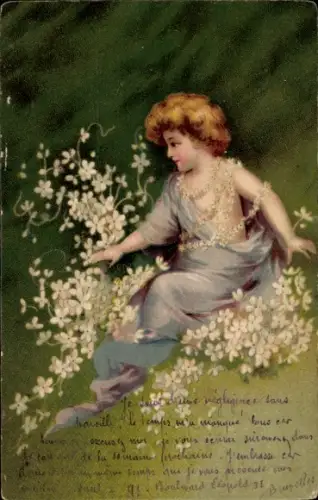 Litho Glückwunsch Neujahr 1905, Frau-Portrait, Weiße Blumen