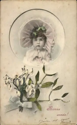 Ak Fröhliches Neujahr, Mistelzweige, Mädchen mit rosa Haube