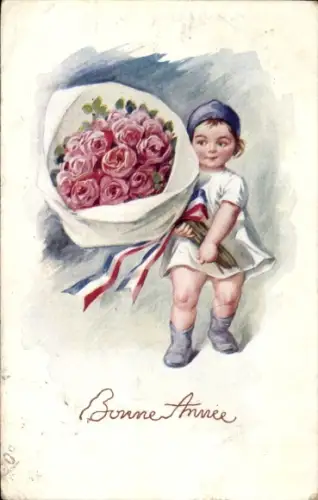 Ak Glückwunsch Neujahr, Kind, Blumenstrauß, Französische Fahne