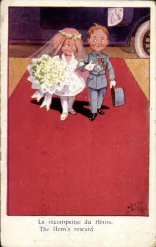 Künstler Ak Hochzeit, Soldat mit Orden, roter Teppich