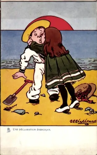 Künstler Ak Une declaration energique, Mädchen küsst Jungen, Strand