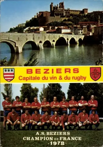 Ak Béziers Hérault, Hauptstadt des Weins und des Rugbys, AS Beziers, französischer Meister 1978