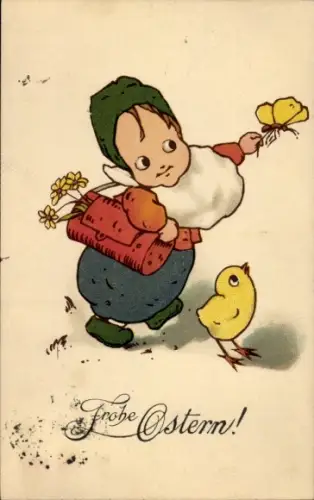 Ak Glückwunsch Ostern, Kind, Küken, Blumen, Schmetterling