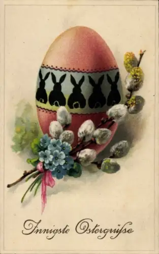 Ak Glückwunsch Ostern, Osterei, Weidenkätzchen, Osterhasen, Vergissmeinnicht