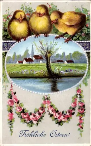 Präge Ak Glückwunsch Ostern, Küken, Dorfidylle, Blumen