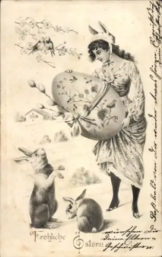 Ak Glückwunsch Ostern, Frau, Osterei, Weidenkätzchen, Osterhasen