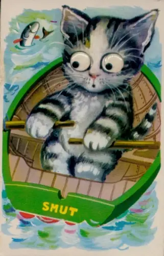 Ak Katze in einem Ruderboot, Smut, Fisch im Wasser