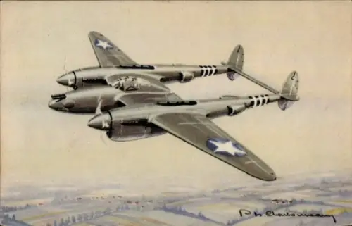 Künstler Ak Amerikanisches Kampfflugzeug, Lockheed Lightning P 38