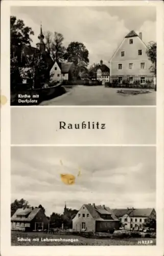 Ak Rausslitz Raußlitz Nossen in Sachsen, Kirche mit Dorfplatz, Schule, Lehrerwohnungen
