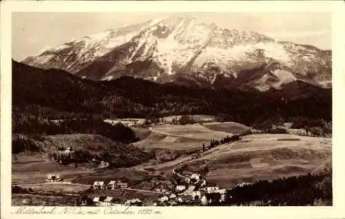 Ak Mitterbach am Erlaufsee Niederösterreich, Schneebedeckter Berg, dunkle Wälder, offene Felder, 