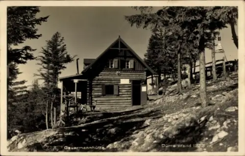 Ak Hohe Wand Niederösterreich, Holzblockhütte auf felsigem Hang, Nadelbäume, Veranda, Schild am H