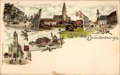 Litho Brandenburg an der Havel, Rathaus, Dom, Straßenpartie