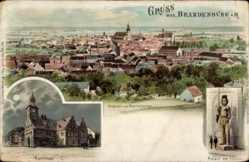Mondschein Litho Brandenburg an der Havel, Rathaus, Totalansicht, Marienberge, Rolandstatue, Rathaus