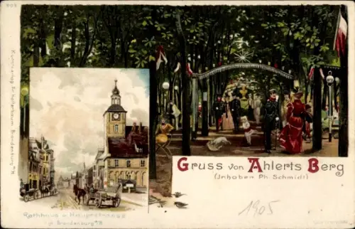 Litho Brandenburg an der Havel, Ahlerts Berg, Ph. Schmidt, Rathaus, Hauptstraße