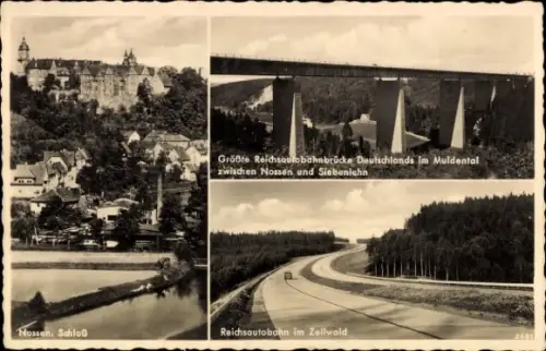 Ak Nossen, Blick auf den Ort und das Schloss, Autobahnbrücke, Autobahn Zellwald