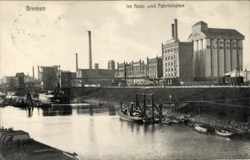 Ak Hansestadt Bremen, Holz und Fabrikhafen, Fabrik Roland Mühle