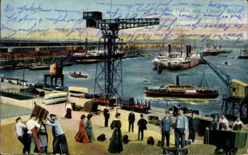 Ak Hamburg, Kaiser Wilhelm Hafen mit großen Kran
