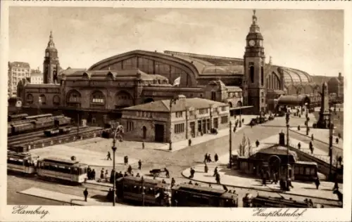 Ak Hamburg Mitte Altstadt, Hauptbahnhof, Straßenbahnen