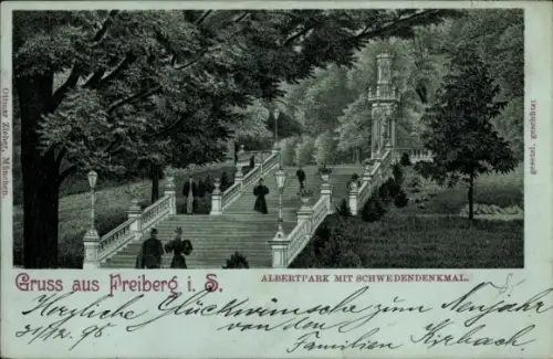 Mondschein Litho Freiberg in Sachsen, Albertpark mit Schwedendenkmal