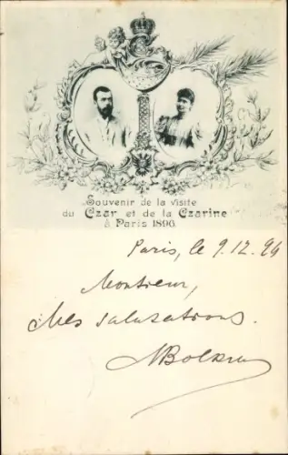 Ak Zar Nikolaus II. von Russland, Zarin, Besuch in Paris 1896