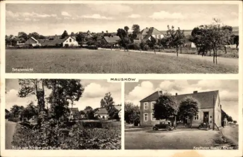Ak Mauskow Polen, Gesamtansicht, Kirche, Schule, Kaufhaus Gustav Kranz