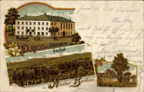Litho Burkau in Sachsen, Gesamtansicht, Gasthof Nieder-Burkau