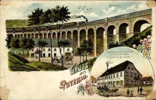 Ak Putzkau in der Oberlausitz, Brücke, Gasthof zum Erbgericht, Ober  Gruß aus Putzkau