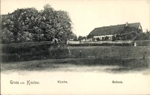 Ak Koslow Mitschurinsk Russland, Kirche, Schule, Gruss aus  ländliche Szenerie