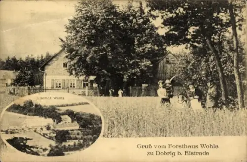 Ak Wohla Elstra Oberlausitz, Forsthaus Wohla, Schloss Wohla