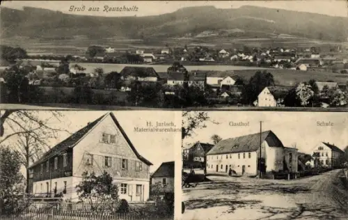 Ak Rauschwitz Elstra Oberlausitz, Gesamtansicht,, Geschäftshaus H. Jurisch, Gasthof, Schule