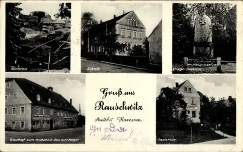 Ak Rauschwitz Elstra Oberlausitz, Hochstein, Schule, Gasthof zum Hochstein, Kriegerdenkmal, Post