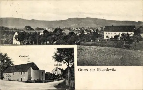 Ak Rauschwitz Elstra Oberlausitz, Gesamtansicht, Gasthof, Schule