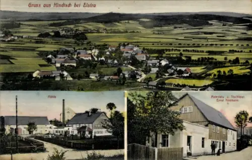 Ak Kindisch Elstra Oberlausitz, Panorama Mühle, Geschäft und Tischlerei Ernst Hilemann