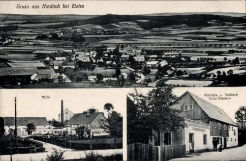 Ak Kindisch Elstra in der Oberlausitz, Panorama, Mühle, Geschäft und Tischlerei Ernst Kliemann