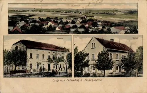 Ak Belmsdorf Bischofswerda in Sachsen, Totalansicht, Gasthof, Schule